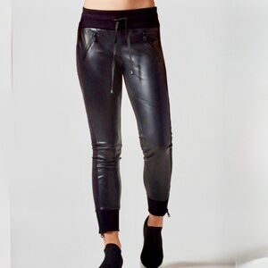 Blanc Noir Faux Leather Front Joggers